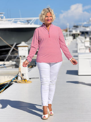NAUTICAL RED STRIPED HALF ZIPPER TOP LULU-B