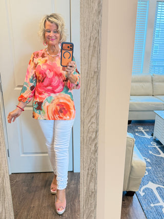 Women's Scalloped Neck Bold Floral Knit Top Cathys Place
