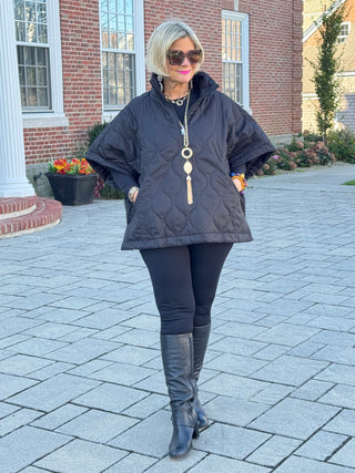 Quilted Short Sleeves Puffer Pullover Poncho Black