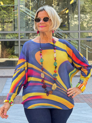 VIWAN Navy Wavy Round Neck Knit Printed Sweater