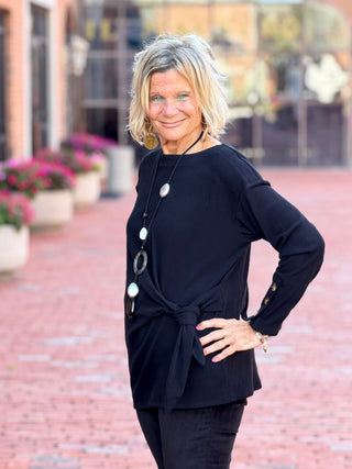 Women's Rib Knit Boat Neck Side Tie Top BLACK Cathys Place