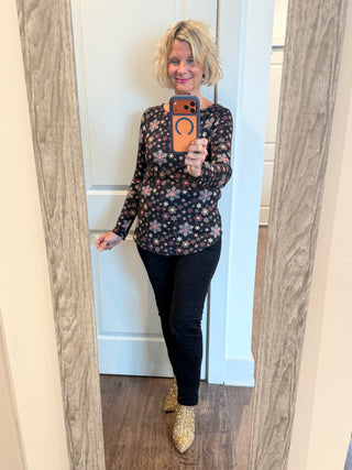 SNOWFLAKE PRINT LONG SLEEVE BOAT NECK TOP Cathys Place