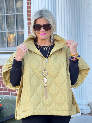 Quilted Short Sleeves Puffer Pullover Poncho Mustard