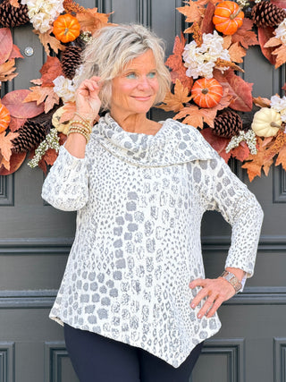 Women's Split Cowl Neck Animal Jacquard Chenille Top IVORY Cathys Place