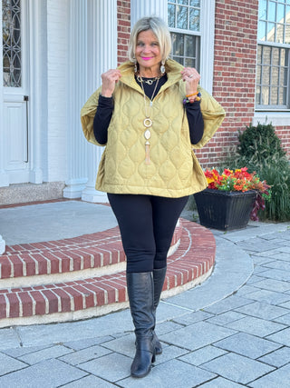 Quilted Short Sleeves Puffer Pullover Poncho Mustard