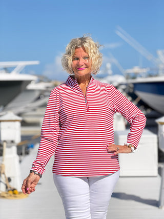 NAUTICAL RED STRIPED HALF ZIPPER TOP LULU-B