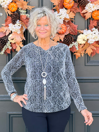 LONG SLEEVE METALLIC TEXTURED KNIT TOP Cathys Place
