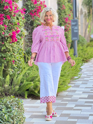 Women's Embroidered Placket Stripe Blouse Cathys Place