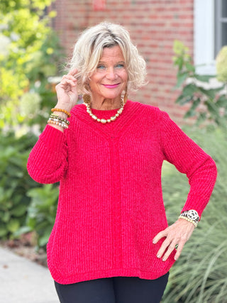 Women's Luster Chenille V-Neck Cable Sweater RED Cathys Place
