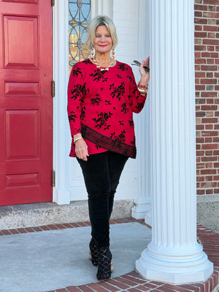 Women's Floral Flocked Texture Lace Trim Top Red Cathys Place