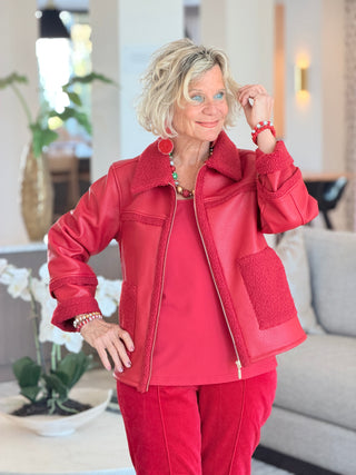 Women's Faux Leather Shearling Zip Front Jacket RED Cathys Place