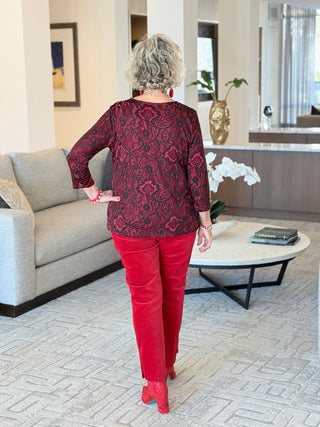 Women's Floral Flocked Texture Lace Trim Top Red Cathys Place