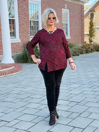 Women's Floral Flocked Texture Lace Trim Top BLACK Cathys Place