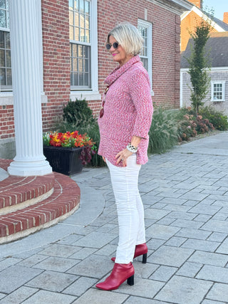 Women's Cowl Neck Spacedye Chenille Knit Top CHERRY