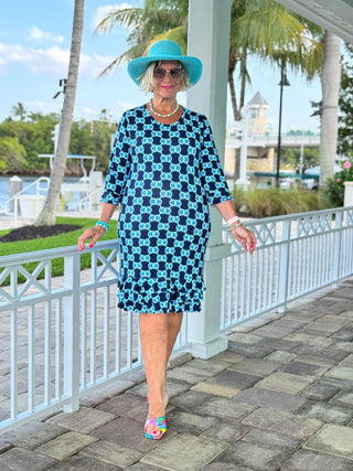 BLUE MEDALLION RUFFLE SLEEVE DRESS