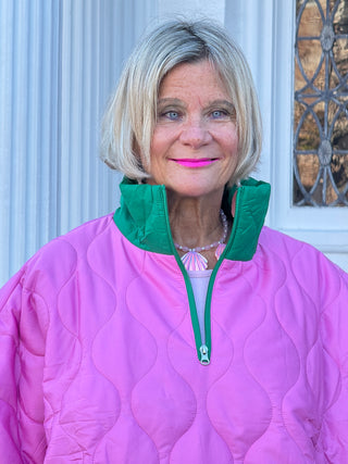 Quilted Short Sleeves Puffer Pullover Poncho Pink