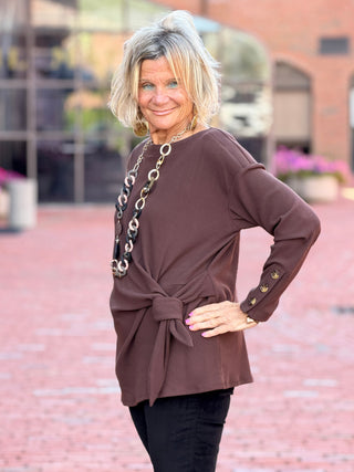 Women's Rib Knit Boat Neck Side Tie Top WALNUT Cathys Place