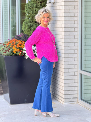 Women's Luster Chenille V-Neck Cable Sweater FUSHIA Cathys Place