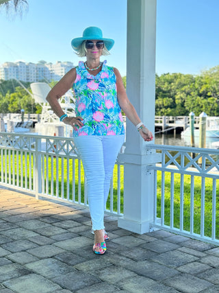 SEASHELL BEACH SLEEVELESS RUFFLE TOP