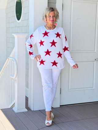 LULU B DOCKSIDE WHITE RED STAR FUZZY SWEATER LULU-B