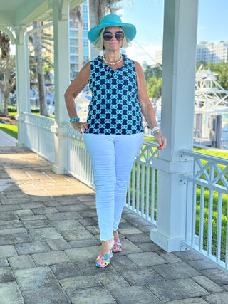 BLUE MEDALLION SLEEVELESS RUFFLE TOP