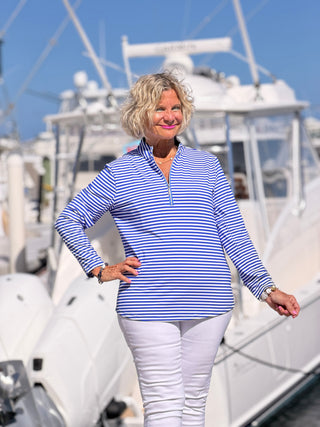 HARBOR BLUE STRIPED HALF ZIPPER TOP LULU-B