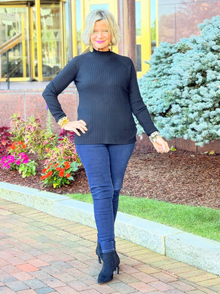 Basic Ribbed Knit Mock Neck Long Sleeve Sweater BLACK CHARLIE B