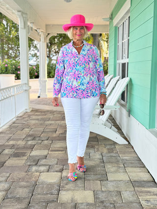 PINK PALM TREE ZIPPER TOP