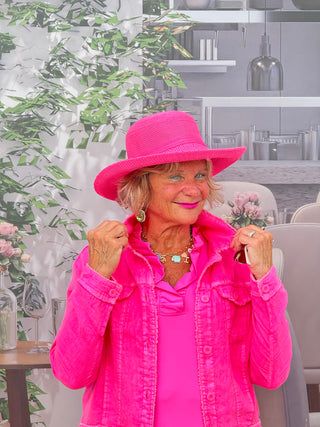 HOT PINK 3/25 SLEEVE RUFFLE TOP