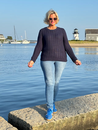 LULU-B NAVY CABLE CREW NECK SWEATER