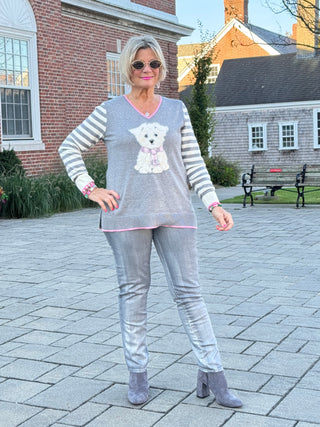 Maltese Puppy Striped Sleeve Sweater