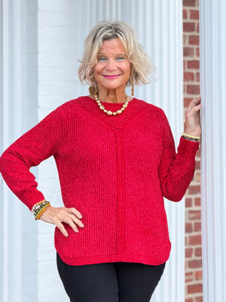 Women's Luster Chenille V-Neck Cable Sweater RED Cathys Place