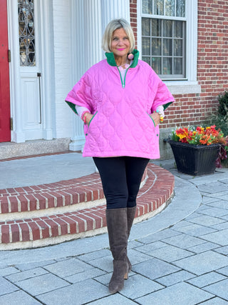 Quilted Short Sleeves Puffer Pullover Poncho Pink