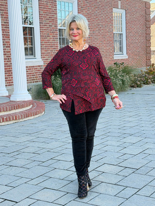 Women's Floral Flocked Texture Lace Trim Top BLACK Cathys Place