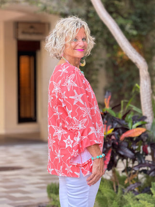Women's Mellow Multi Starfish Puff Print Flutter Sleeve Top Cathys Place