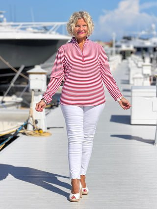 NAUTICAL RED STRIPED HALF ZIPPER TOP LULU-B