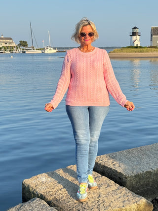 Cable-Knit Cotton PINK CREW Neck Sweater