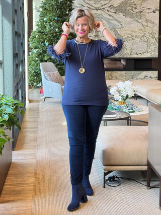 LULU-B NAVY CASHMERE SCOOP NECK FRINGE TOP