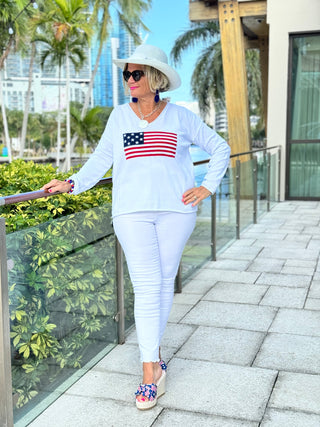 WHITE V NECK FLAG SWEATER