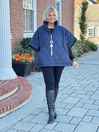 Quilted Short Sleeves Puffer Pullover Poncho Navy