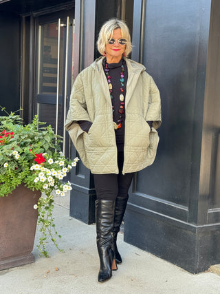 Oversize Quilted Puffer Hood Cape Poncho  SAGE