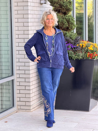 Women's Portrait Collar Velveteen Zip Front Jacket NAVY Cathys Place