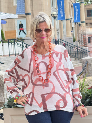 One Size Beige Heart Printed Knitted Sweater