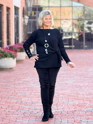 Women's Rib Knit Boat Neck Side Tie Top BLACK Cathys Place