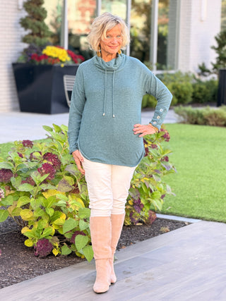 Women's Cowl Neck Cozy Hatchi Drawstring Top FOREST Cathys Place