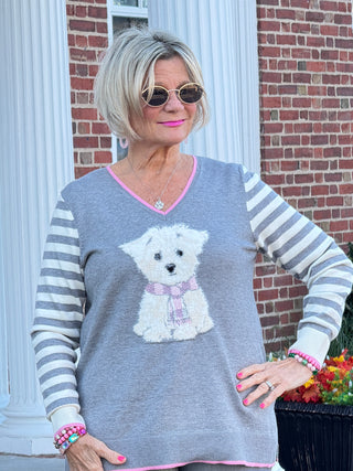 Maltese Puppy Striped Sleeve Sweater
