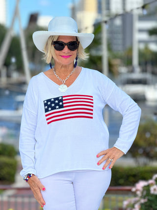 WHITE V NECK FLAG SWEATER