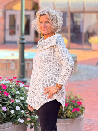 Women's Split Cowl Neck Animal Jacquard Chenille Top IVORY Cathys Place