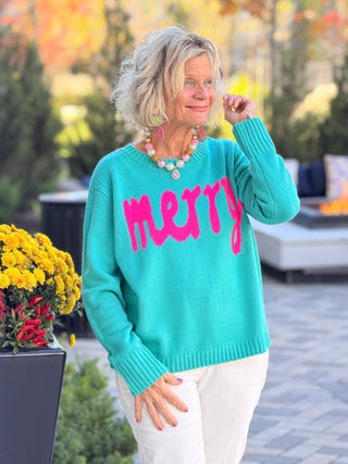 HOLIDAY AQUA MERRY SWEATER Cathys Place