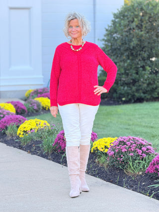 Women's Luster Chenille V-Neck Cable Sweater RED Cathys Place